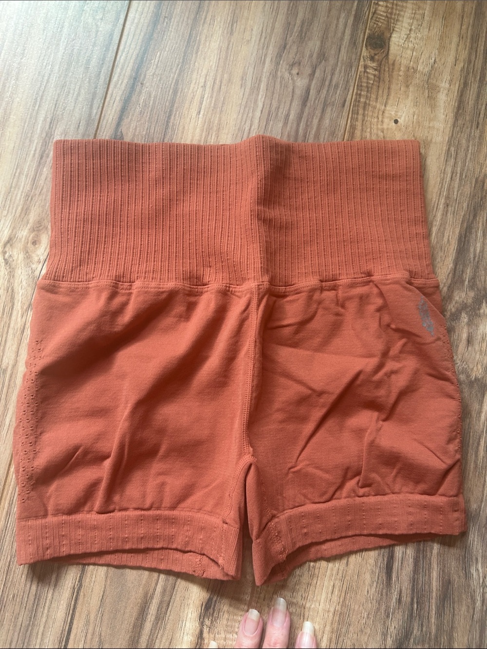 FP Movement by Free People Ribbed High-Waist Bike Shorts in Rust Orange